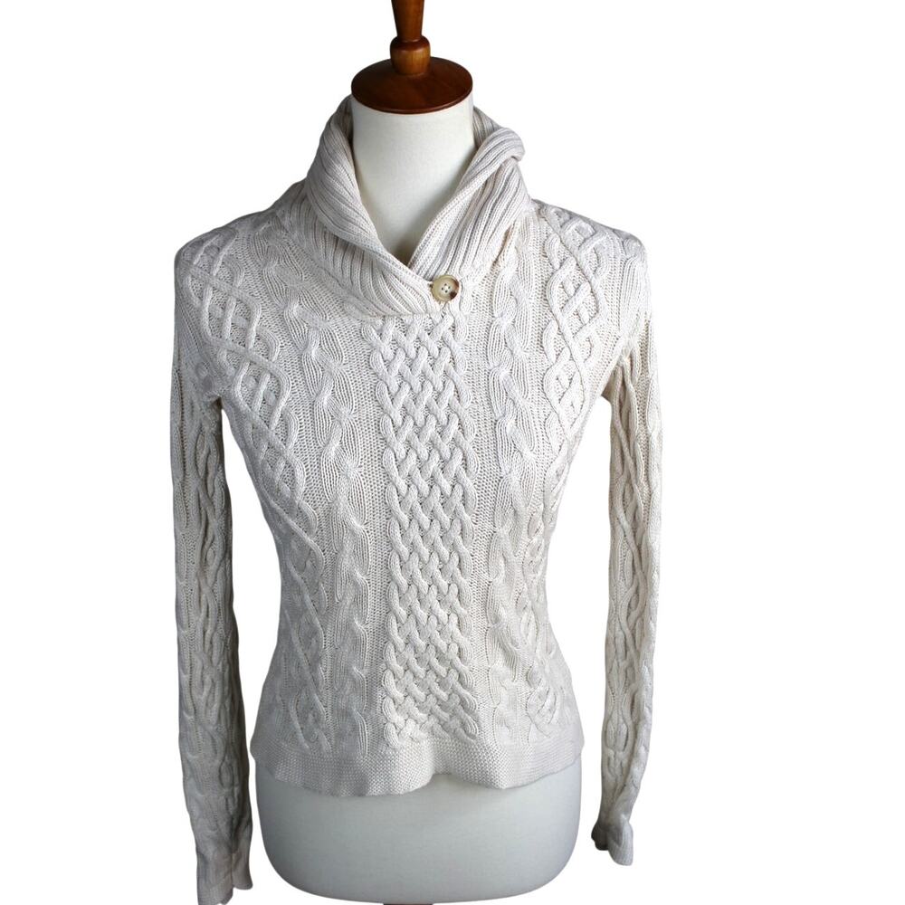 Ralph Lauren Cable Knit Sweater Womens Small Silk Cashmere Shawl Collar Preppy